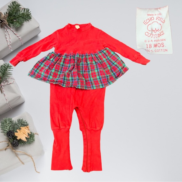 VTG 90's Echo Field Cottons L/S Red Onesie w/ Red Green Blue Plaid Skirt 18 mnth - Picture 1 of 4